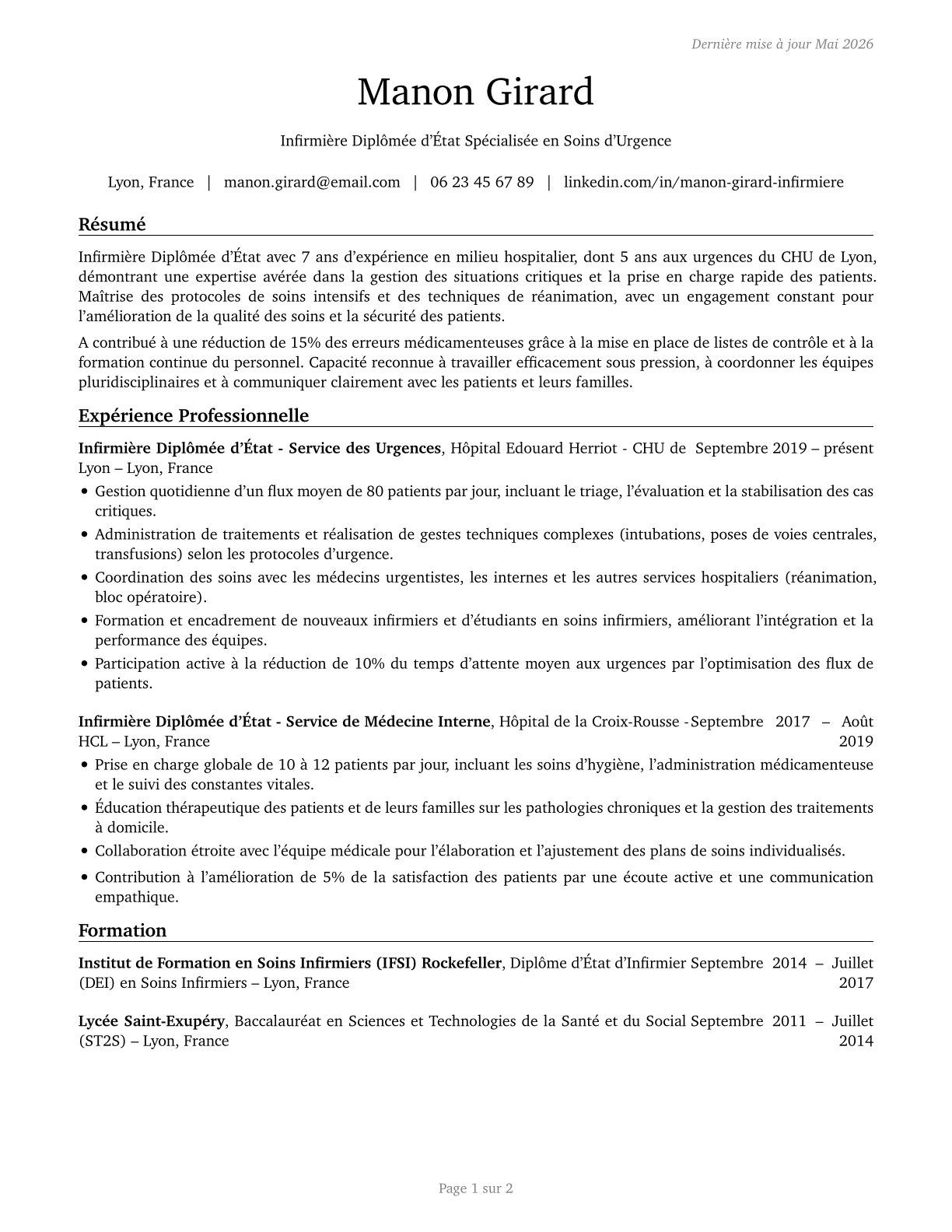 Registered Nurses CV in French — page 1