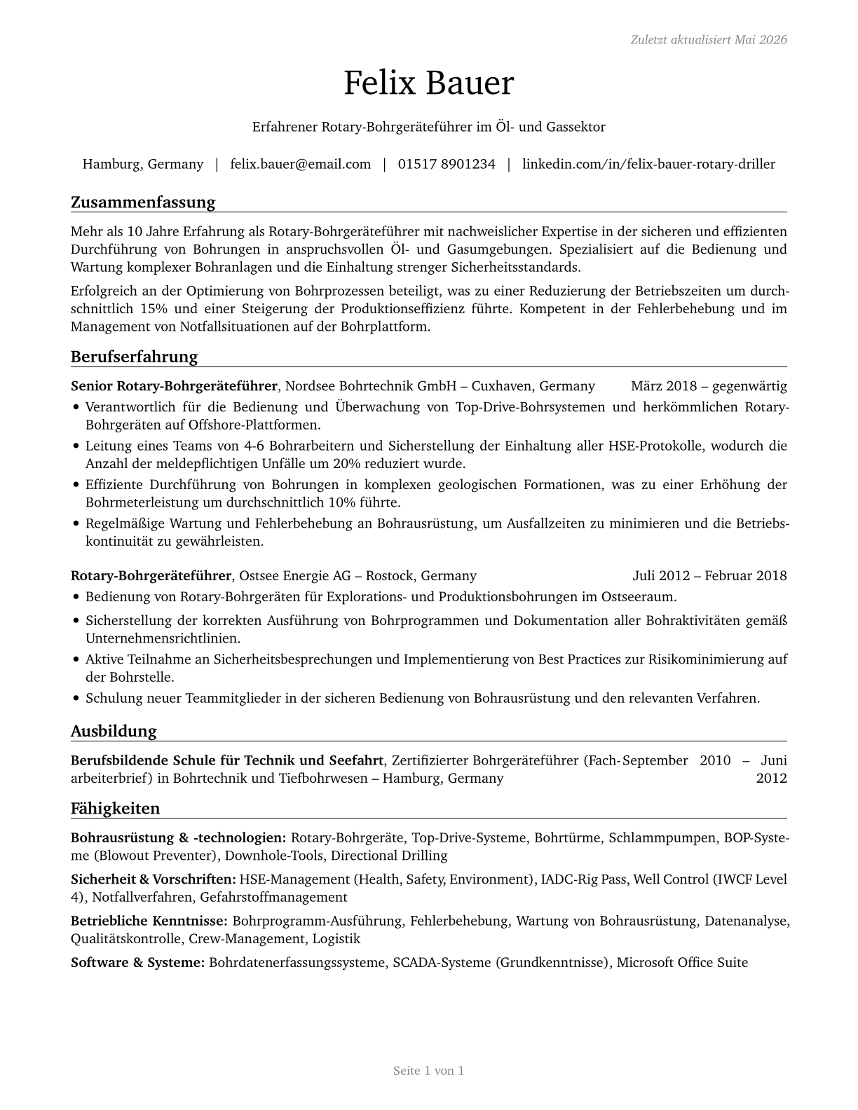 Rotary Drill Operators, Oil and Gas CV in German — page 1