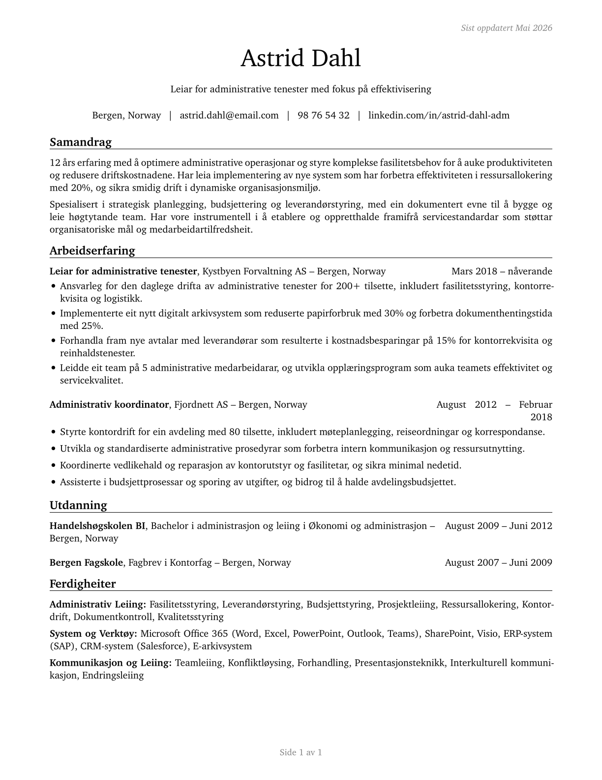 Administrative Services Managers CV in Norwegian_nynorsk — page 1