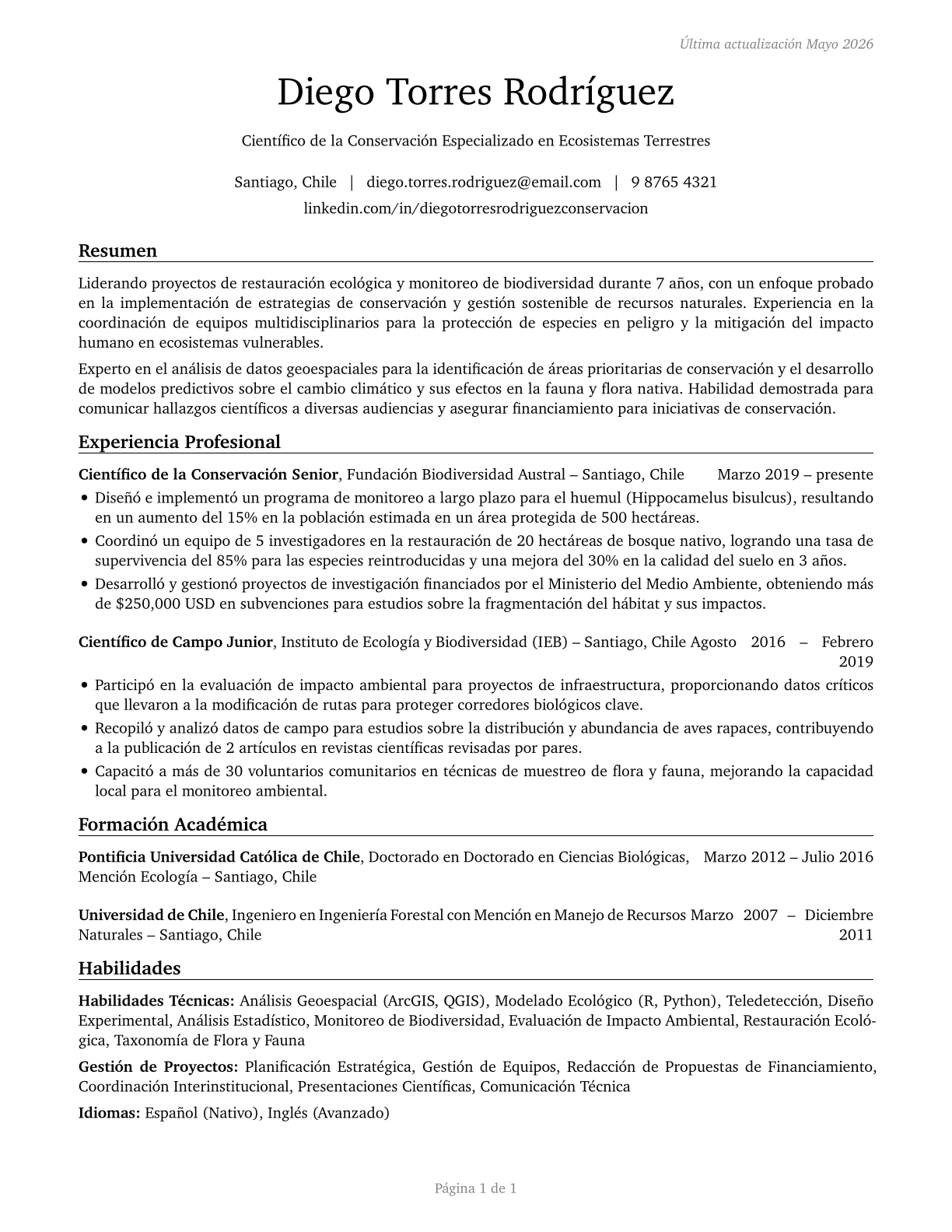Conservation Scientists CV in Spanish — page 1
