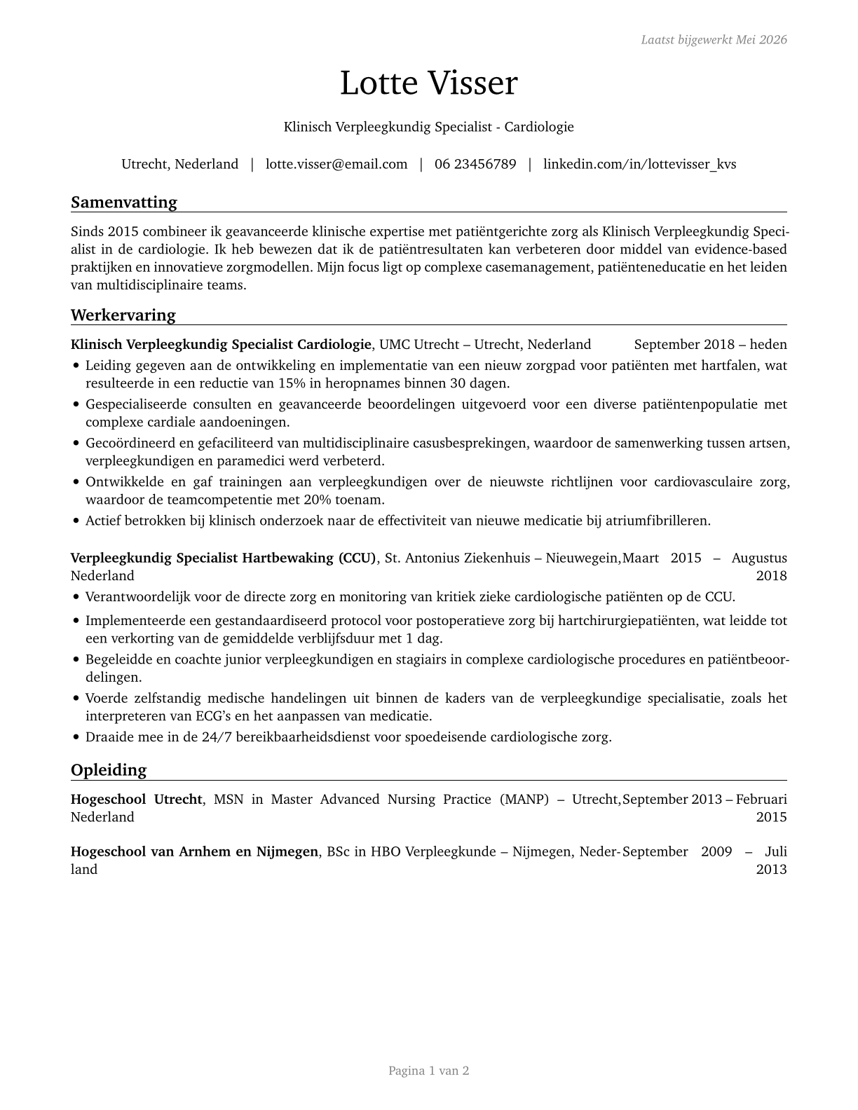 Clinical Nurse Specialists CV in Dutch — page 1