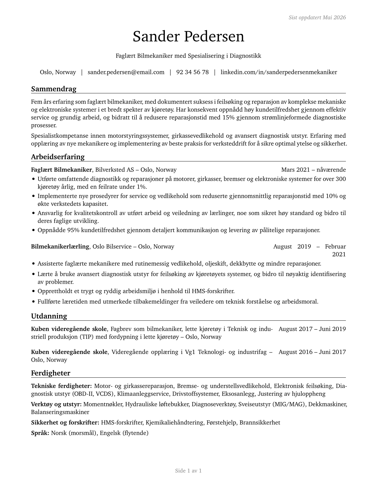 Automotive Service Technicians and Mechanics CV in Norwegian_bokmal — page 1