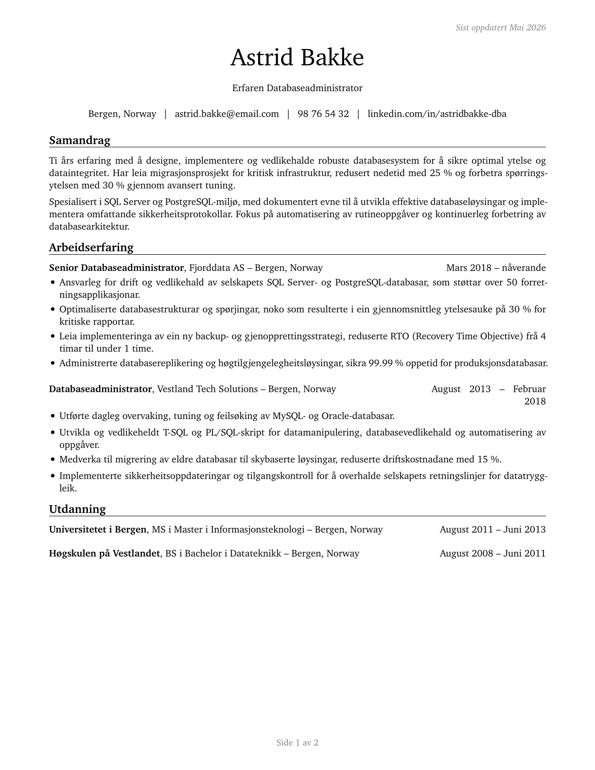 Database Administrators CV in Norwegian_nynorsk — page 1