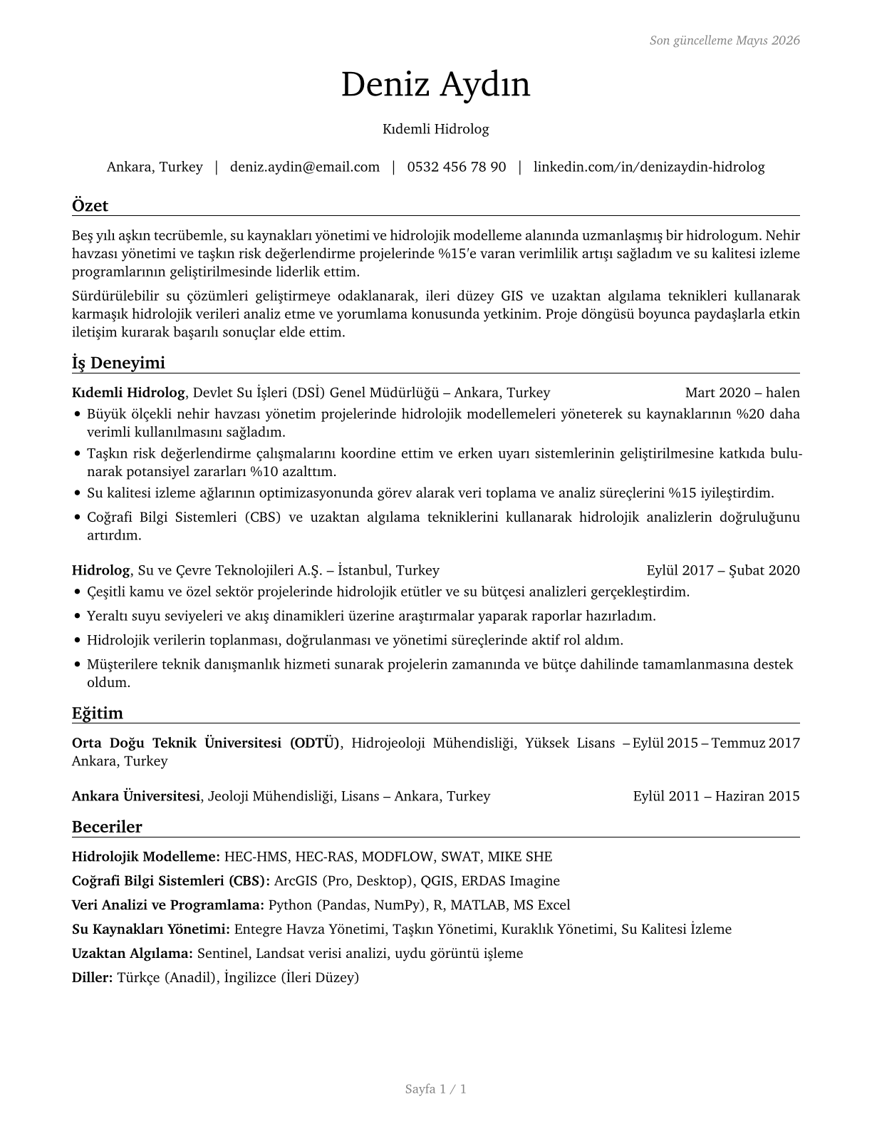 Hydrologists CV in Turkish — page 1