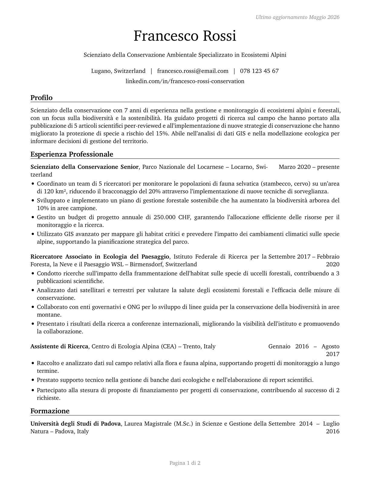 Conservation Scientists CV in Italian — page 1