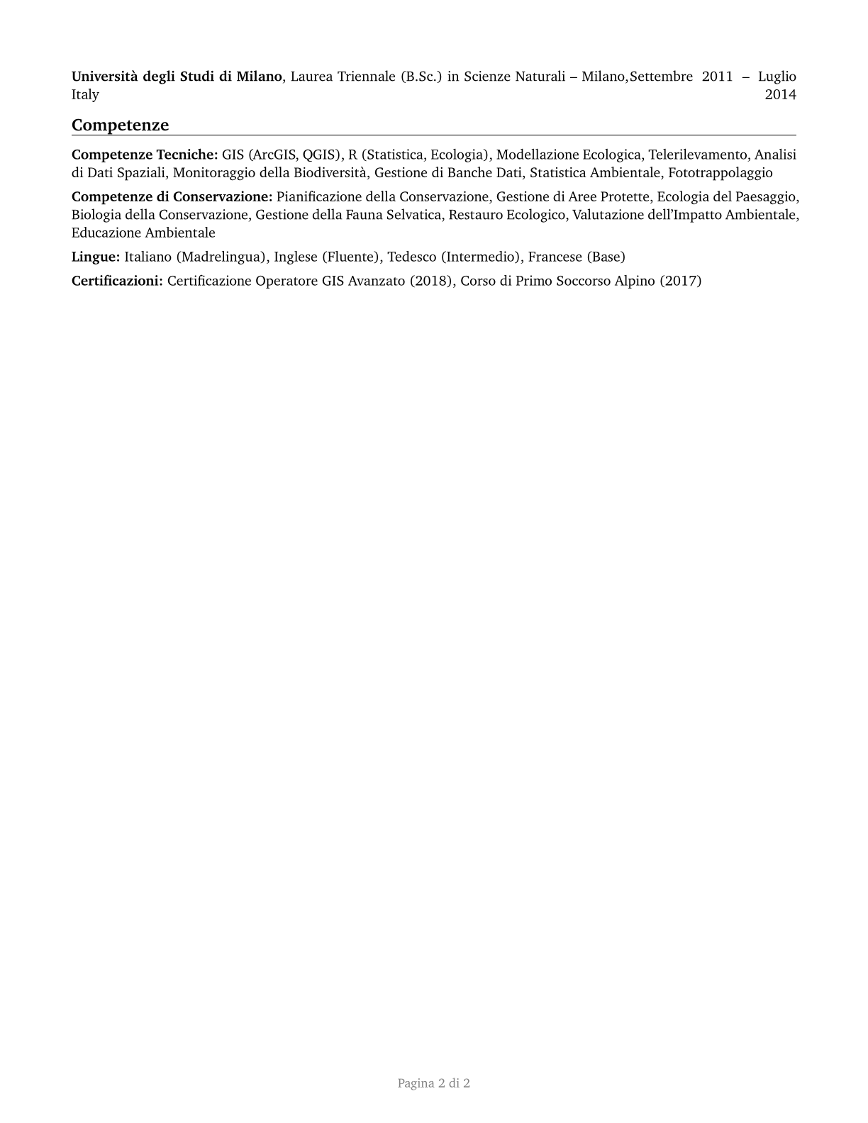 Conservation Scientists CV in Italian — page 2