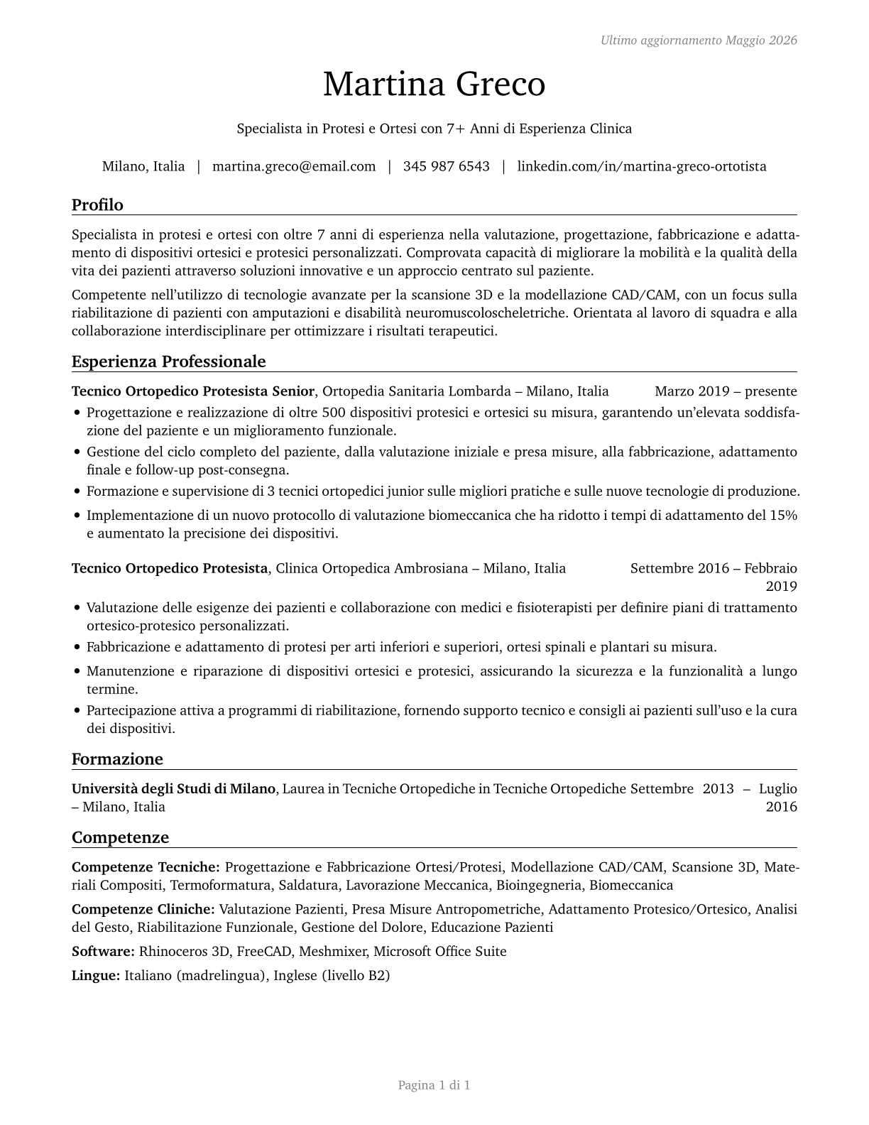 Orthotists and Prosthetists CV in Italian — page 1