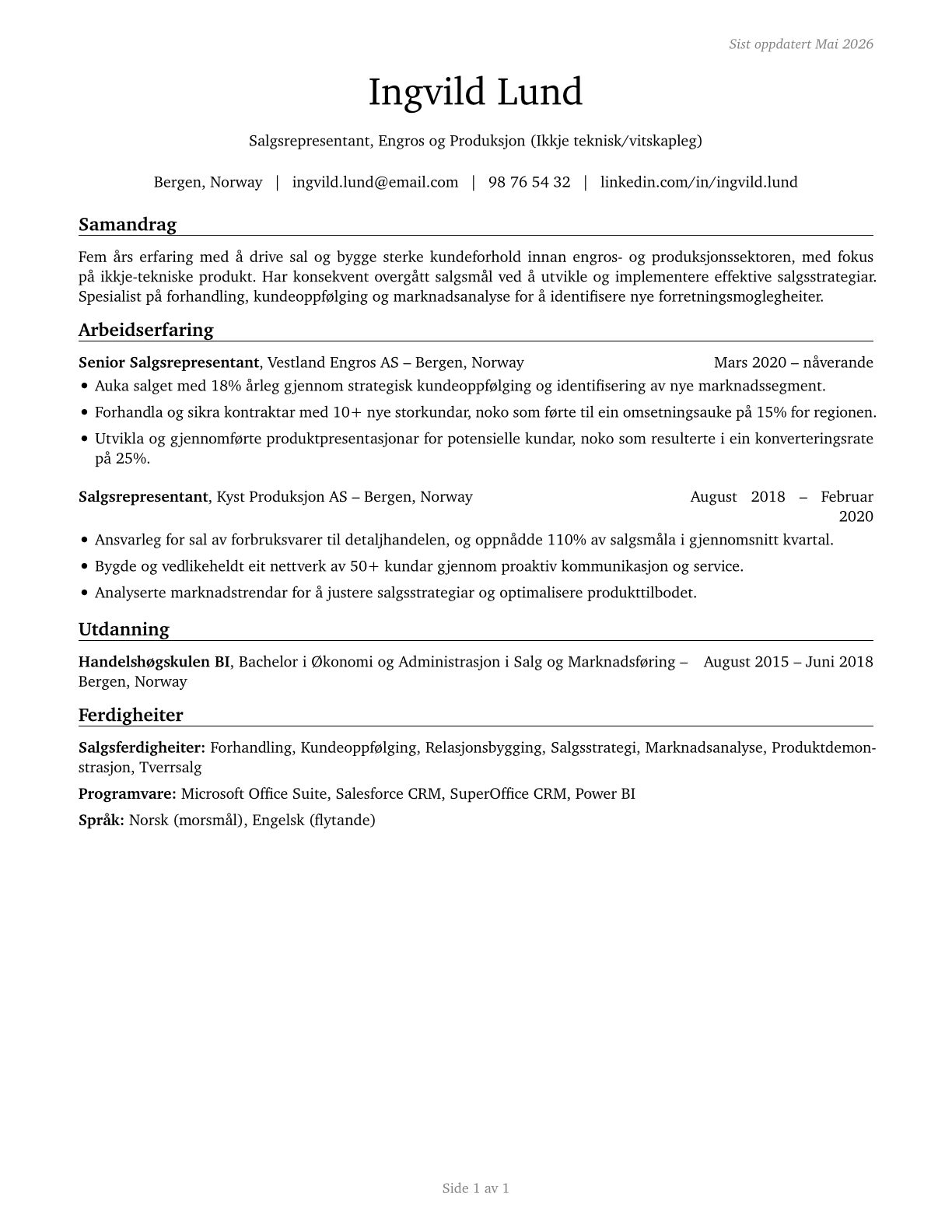 Sales Representatives, Wholesale and Manufacturing, Except Technical and Scientific Products CV in Norwegian_nynorsk — page 1