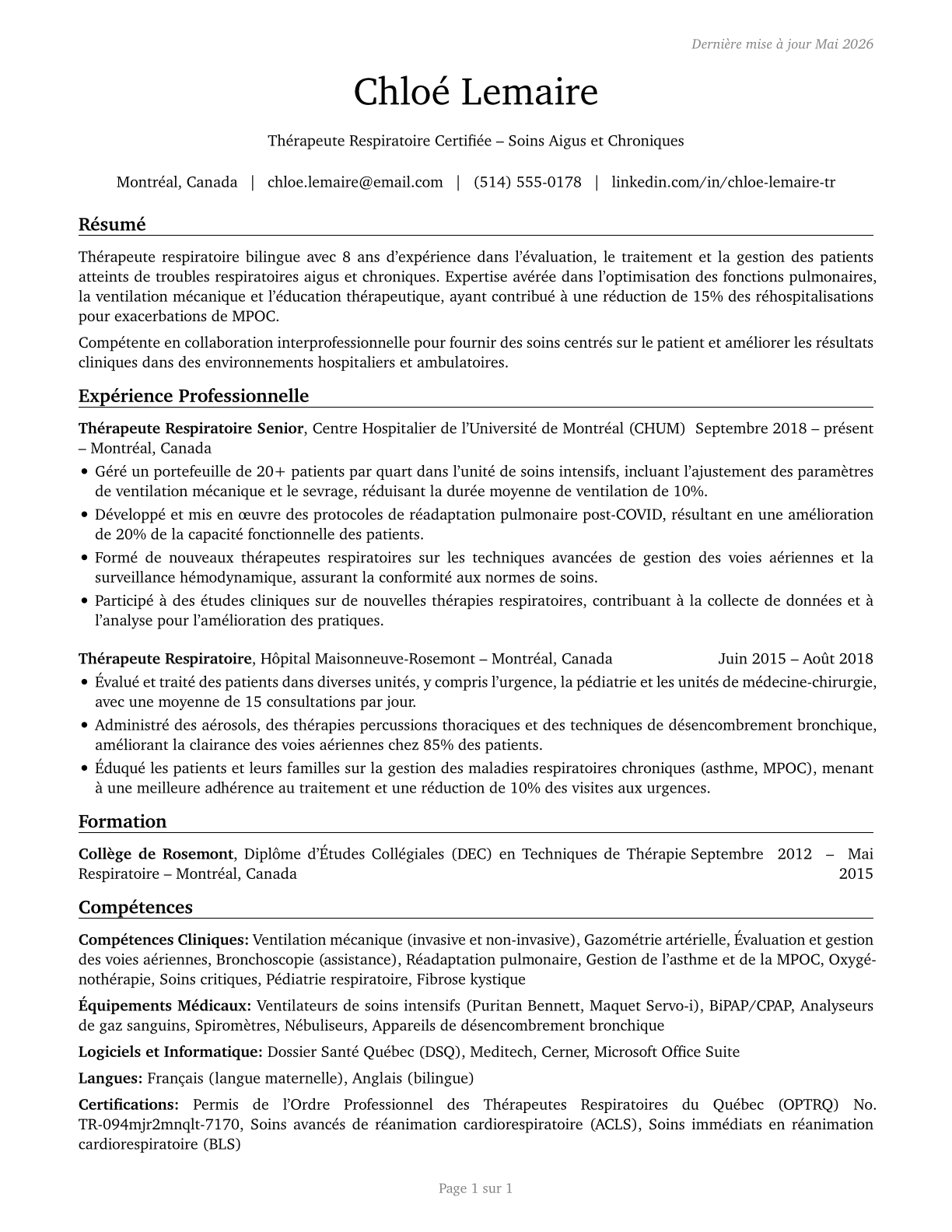Respiratory Therapists CV in French — page 1