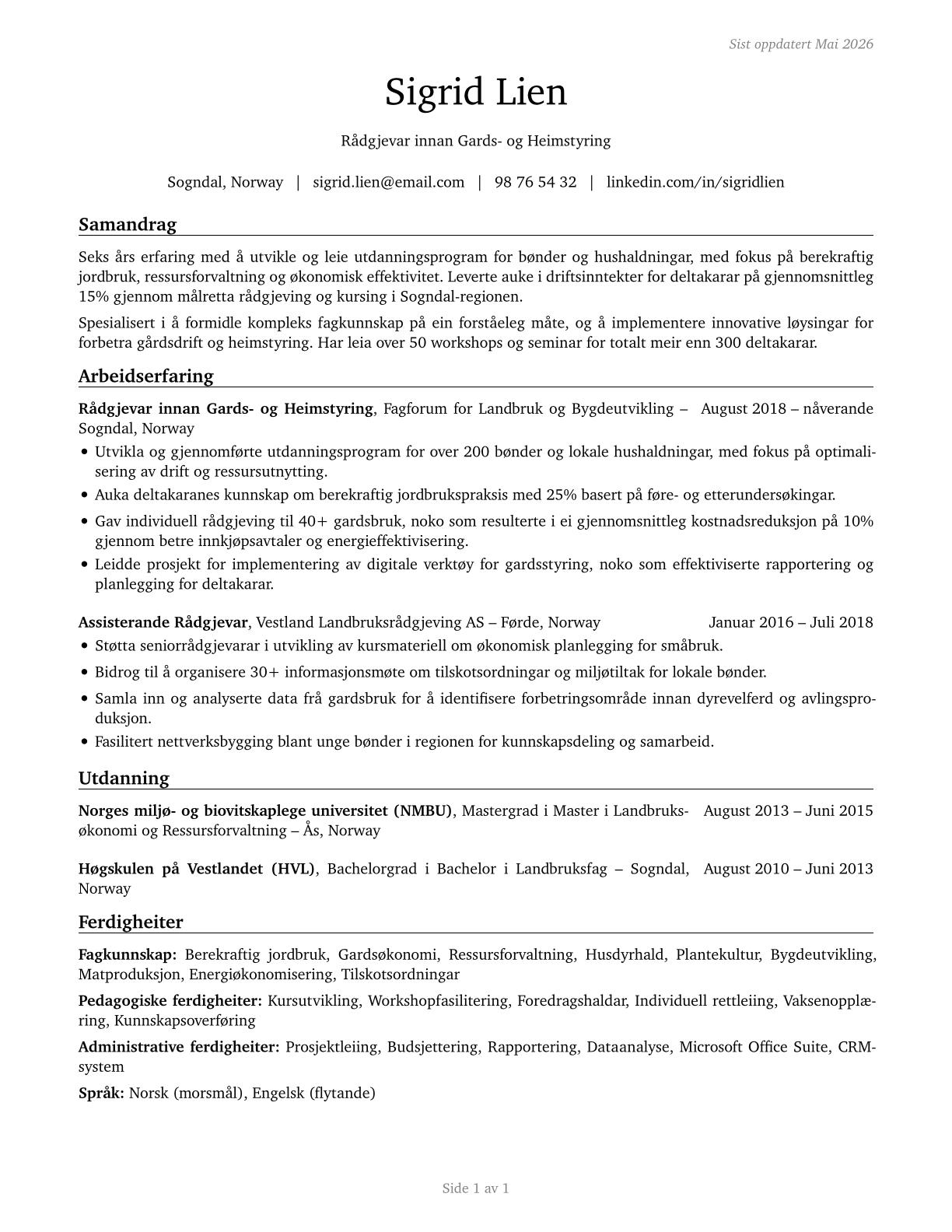 Farm and Home Management Educators CV in Norwegian_nynorsk — page 1
