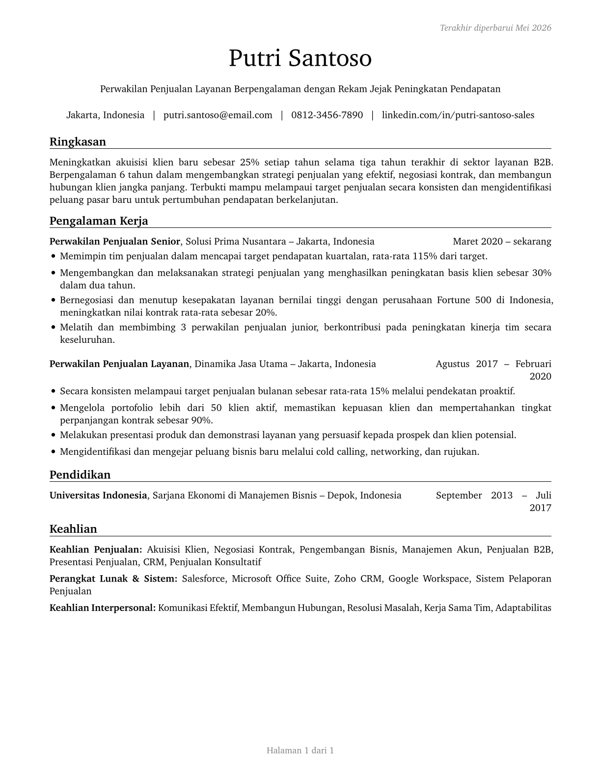 Sales Representatives of Services, Except Advertising, Insurance, Financial Services, and Travel CV in Indonesian — page 1