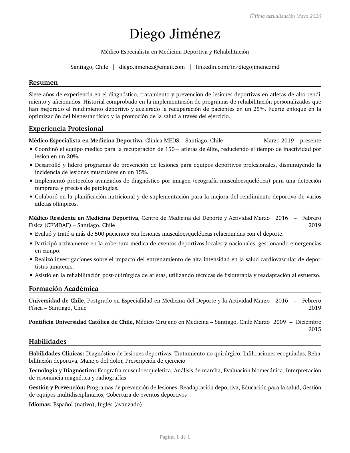 Sports Medicine Physicians CV in Spanish — page 1