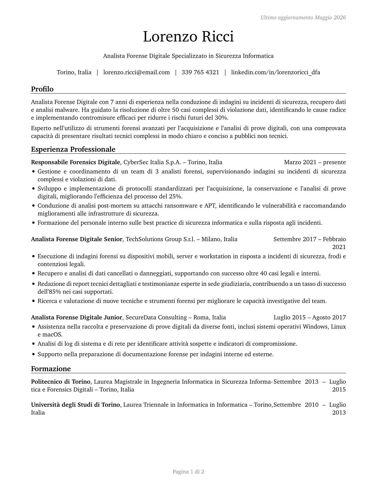 Digital Forensics Analysts CV in Italian — page 1