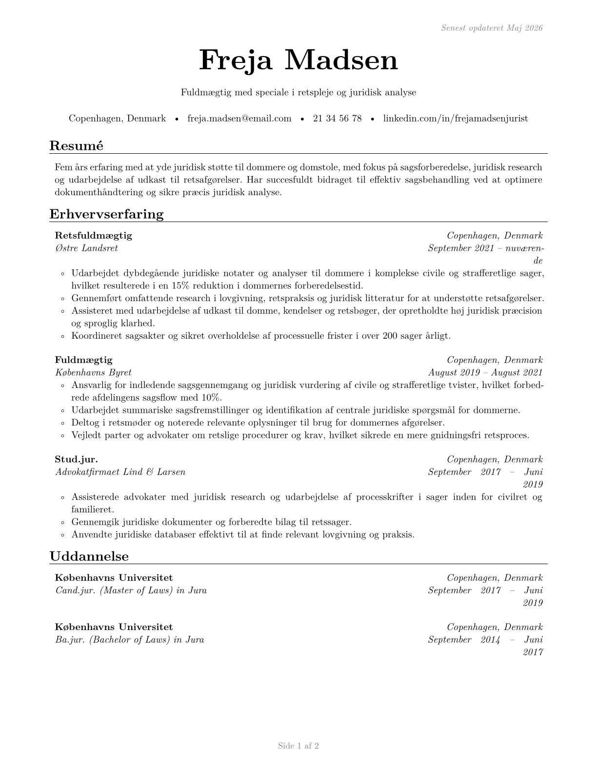 Judicial Law Clerks CV in Danish — page 1