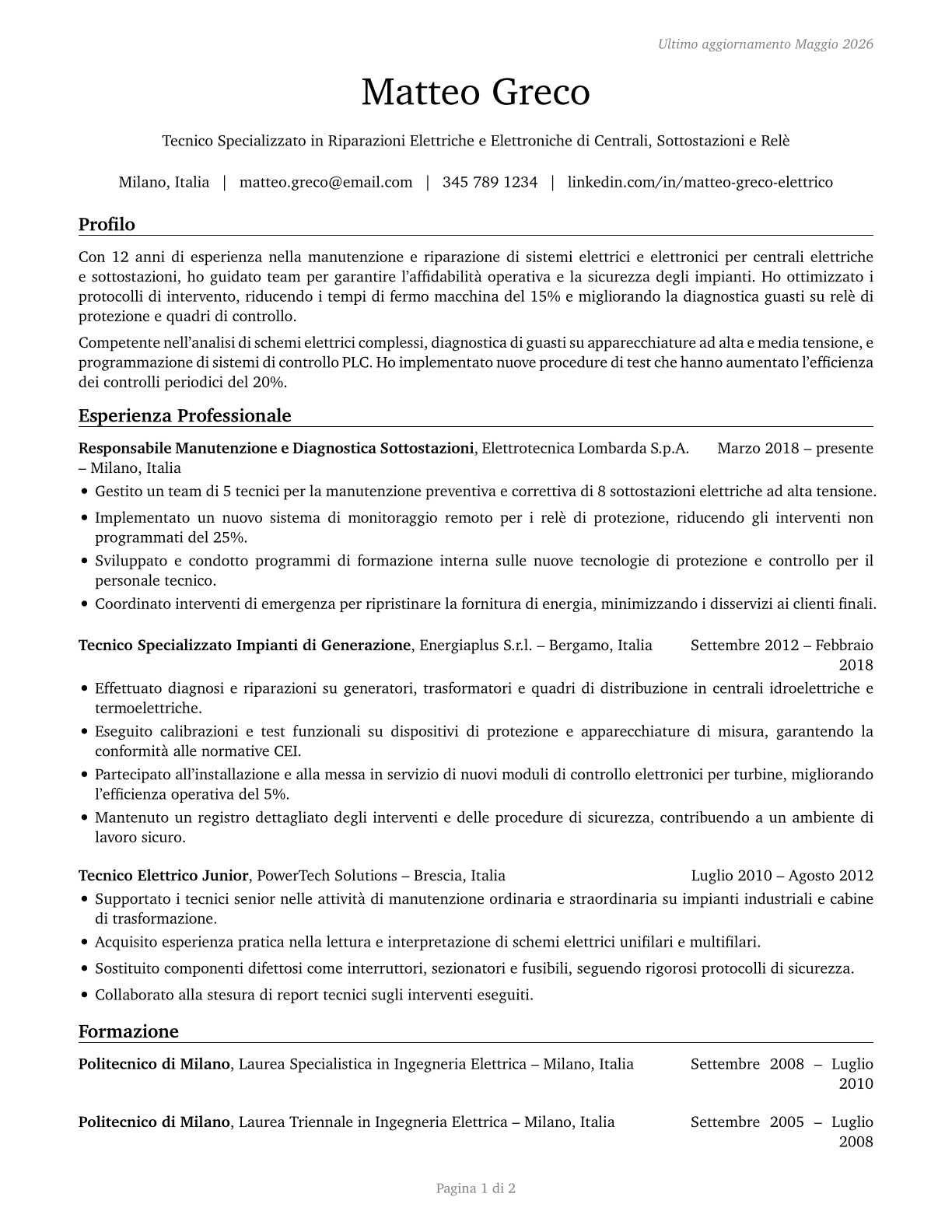 Electrical and Electronics Repairers, Powerhouse, Substation, and Relay CV in Italian — page 1