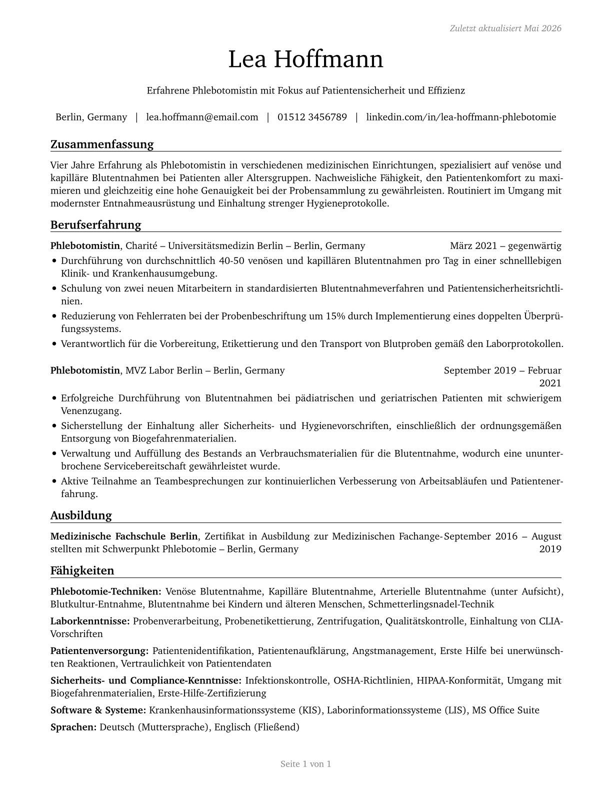 Phlebotomists CV in German — page 1