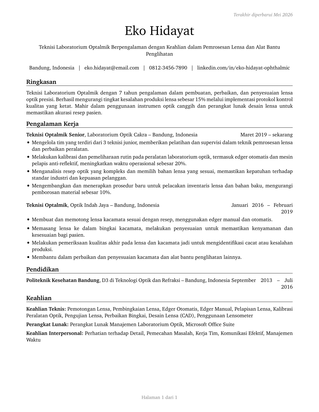 Ophthalmic Laboratory Technicians CV in Indonesian — page 1