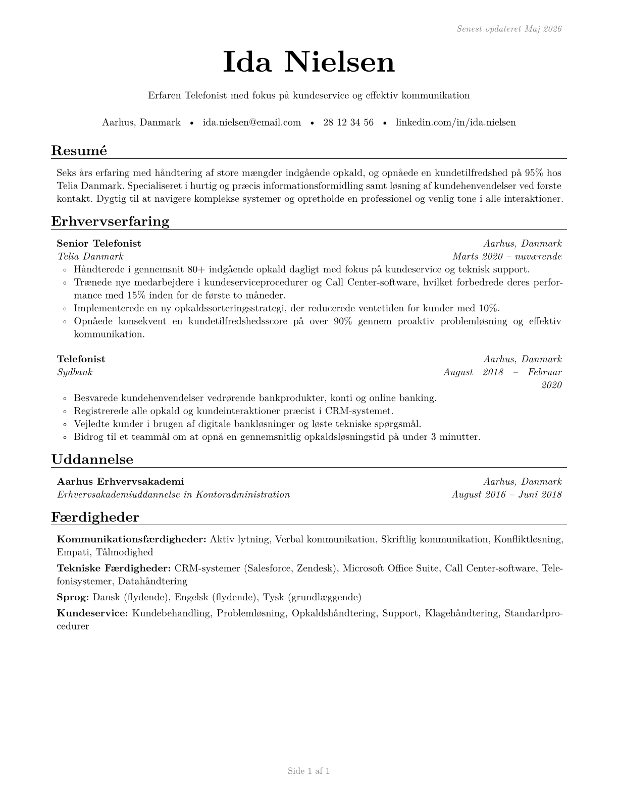 Telephone Operators CV in Danish — page 1