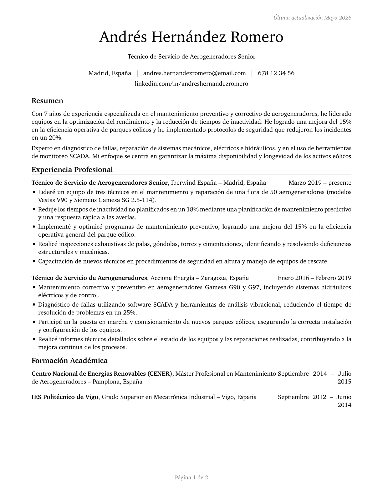 Wind Turbine Service Technicians CV in Spanish — page 1