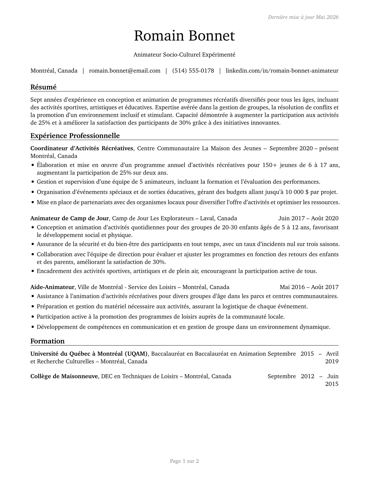 Recreation Workers CV in French — page 1
