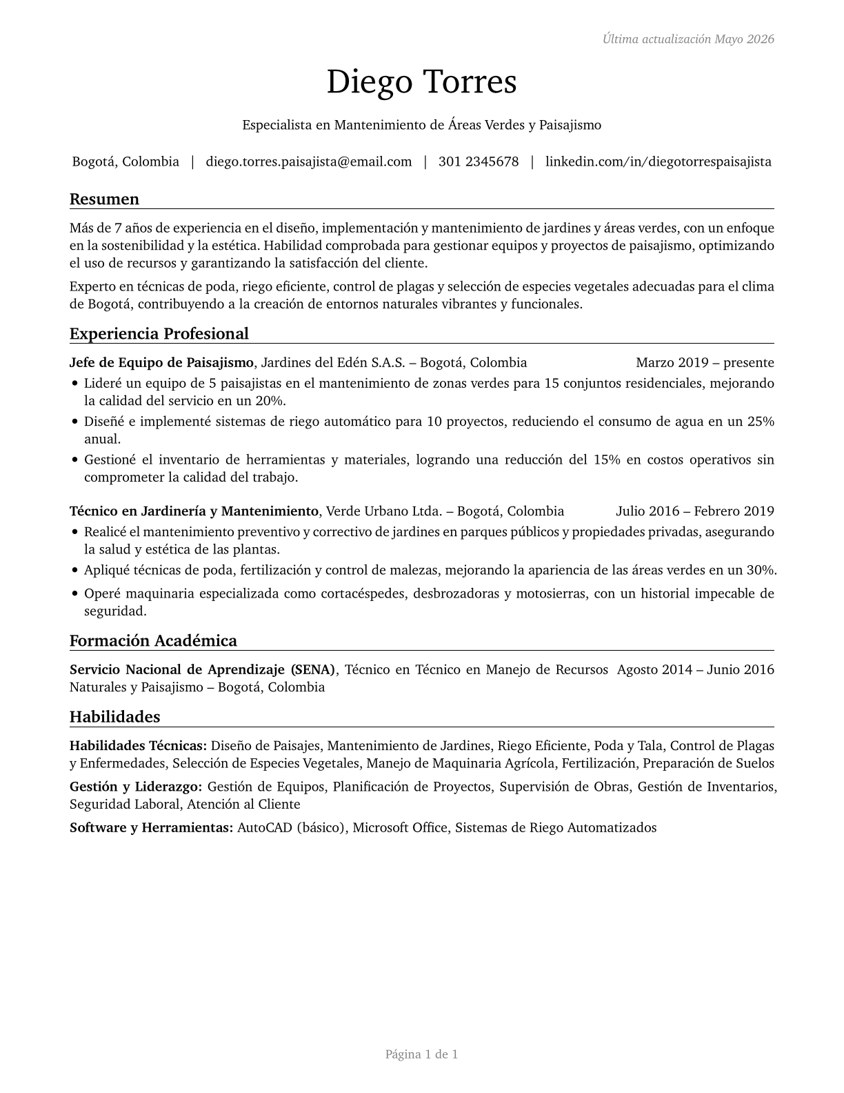 Landscaping and Groundskeeping Workers CV in Spanish — page 1
