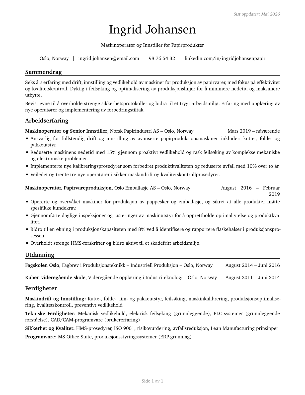 Paper Goods Machine Setters, Operators, and Tenders CV in Norwegian_bokmal — page 1