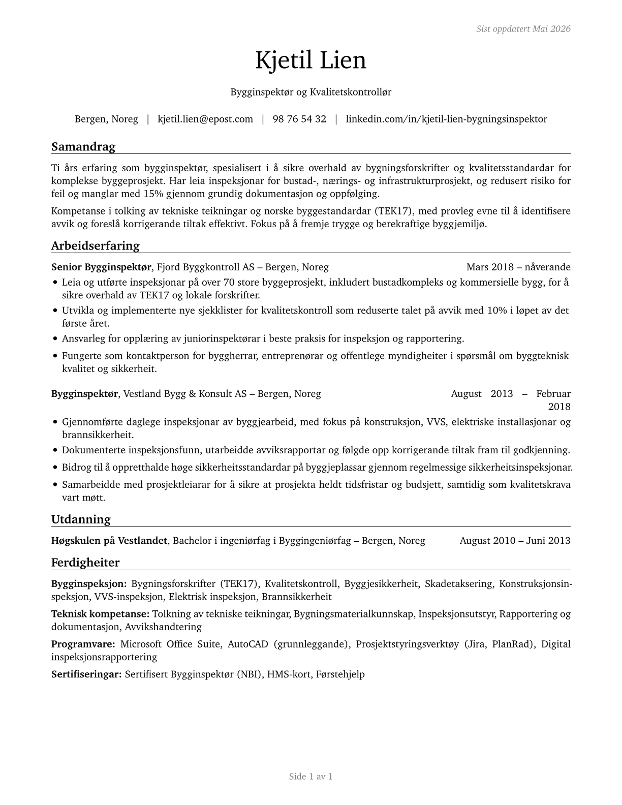 Construction and Building Inspectors CV in Norwegian_nynorsk — page 1
