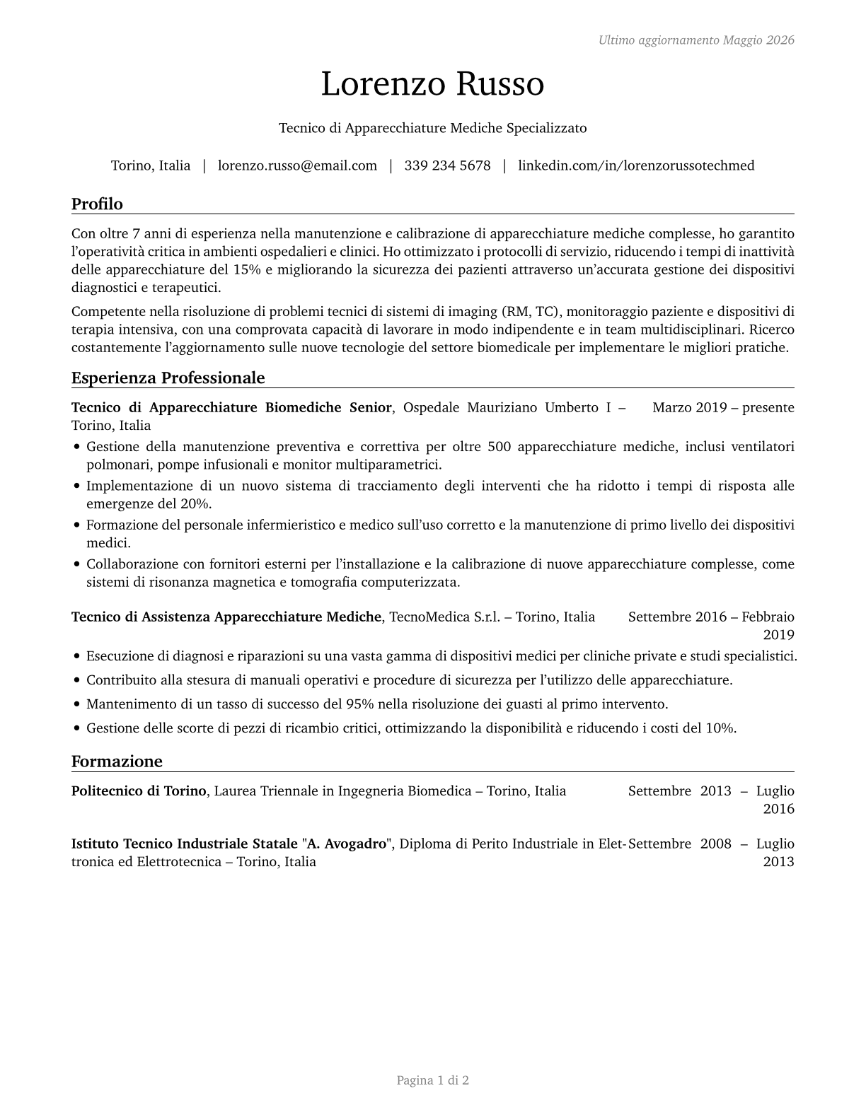 Medical Appliance Technicians CV in Italian — page 1