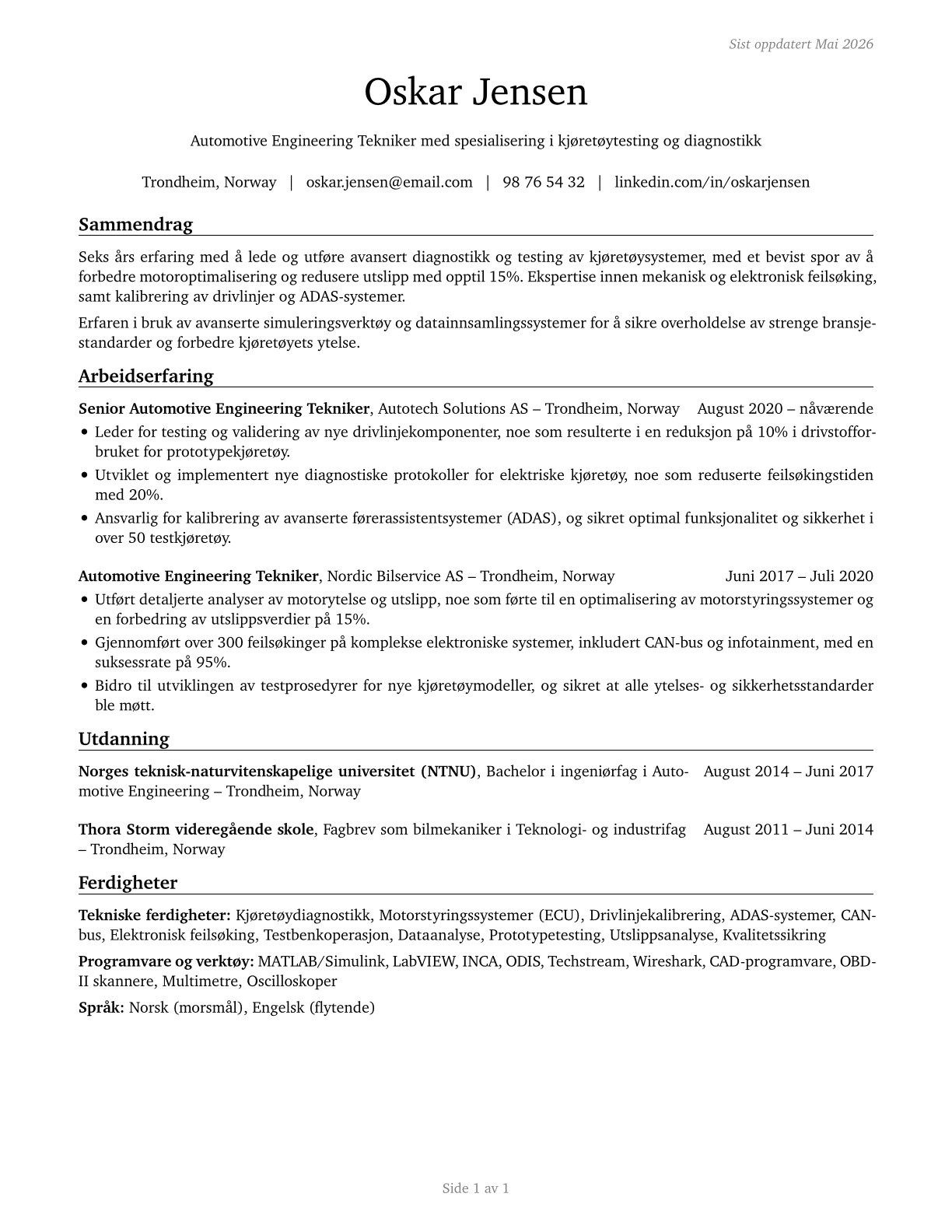 Automotive Engineering Technicians CV in Norwegian_bokmal — page 1