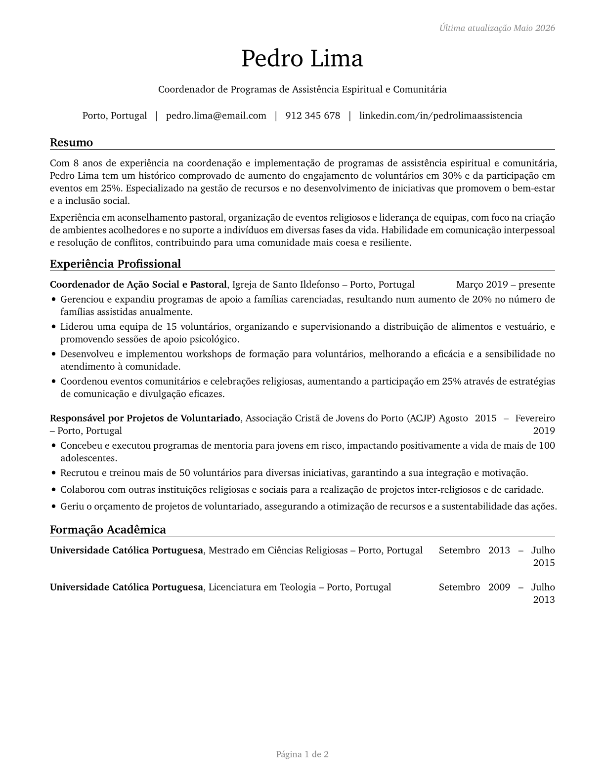Religious Workers, All Other CV in Portuguese — page 1