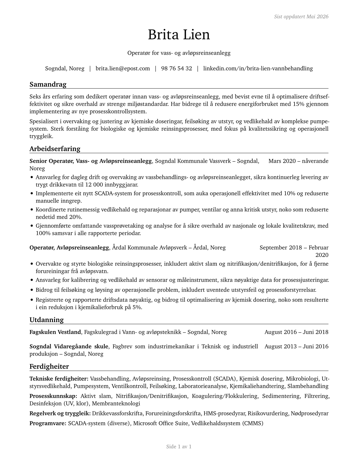 Water and Wastewater Treatment Plant and System Operators CV in Norwegian_nynorsk — page 1
