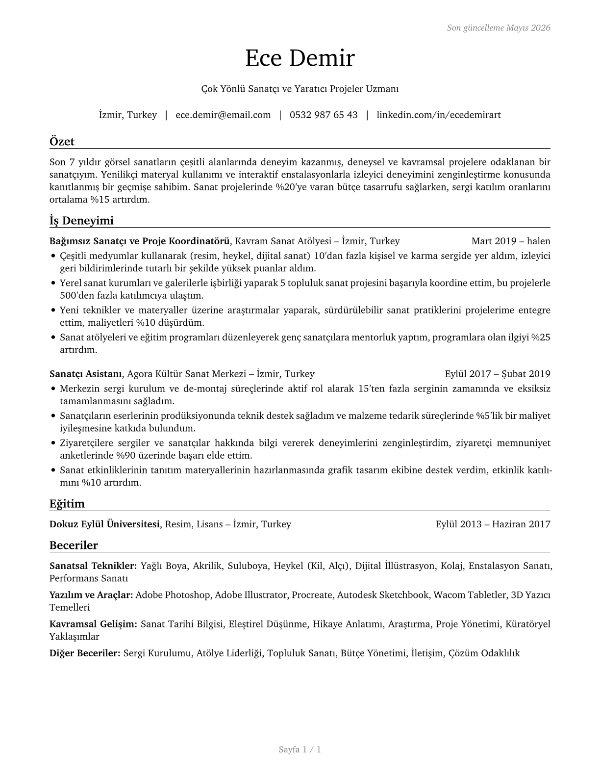 Artists and Related Workers, All Other CV in Turkish — page 1