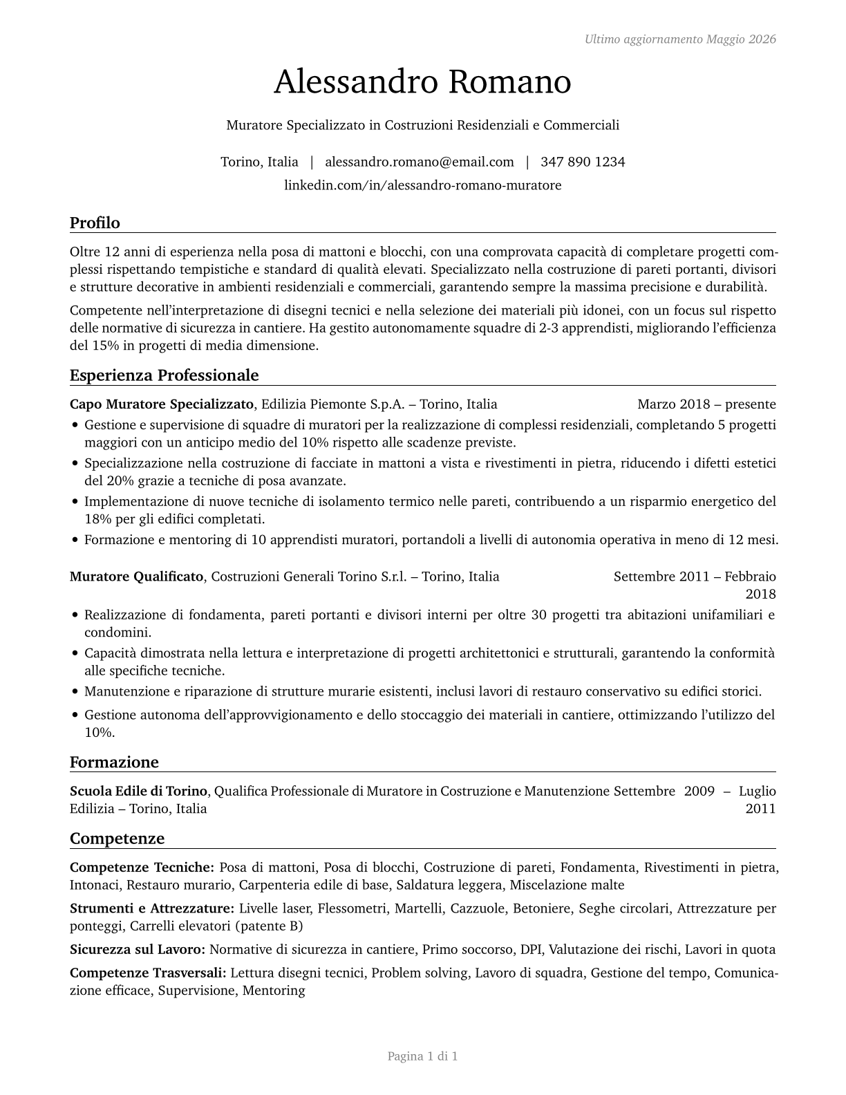 Brickmasons and Blockmasons CV in Italian — page 1