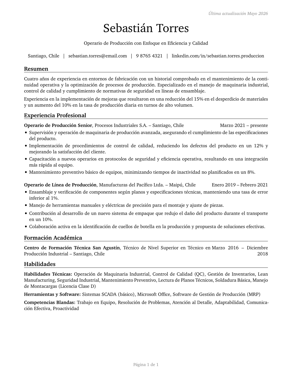 Production Workers, All Other CV in Spanish — page 1