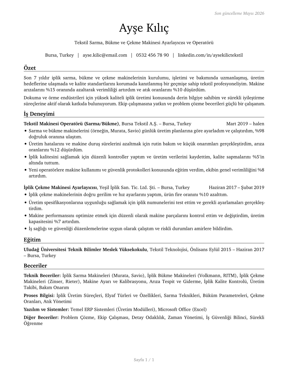 Textile Winding, Twisting, and Drawing Out Machine Setters, Operators, and Tenders CV in Turkish — page 1
