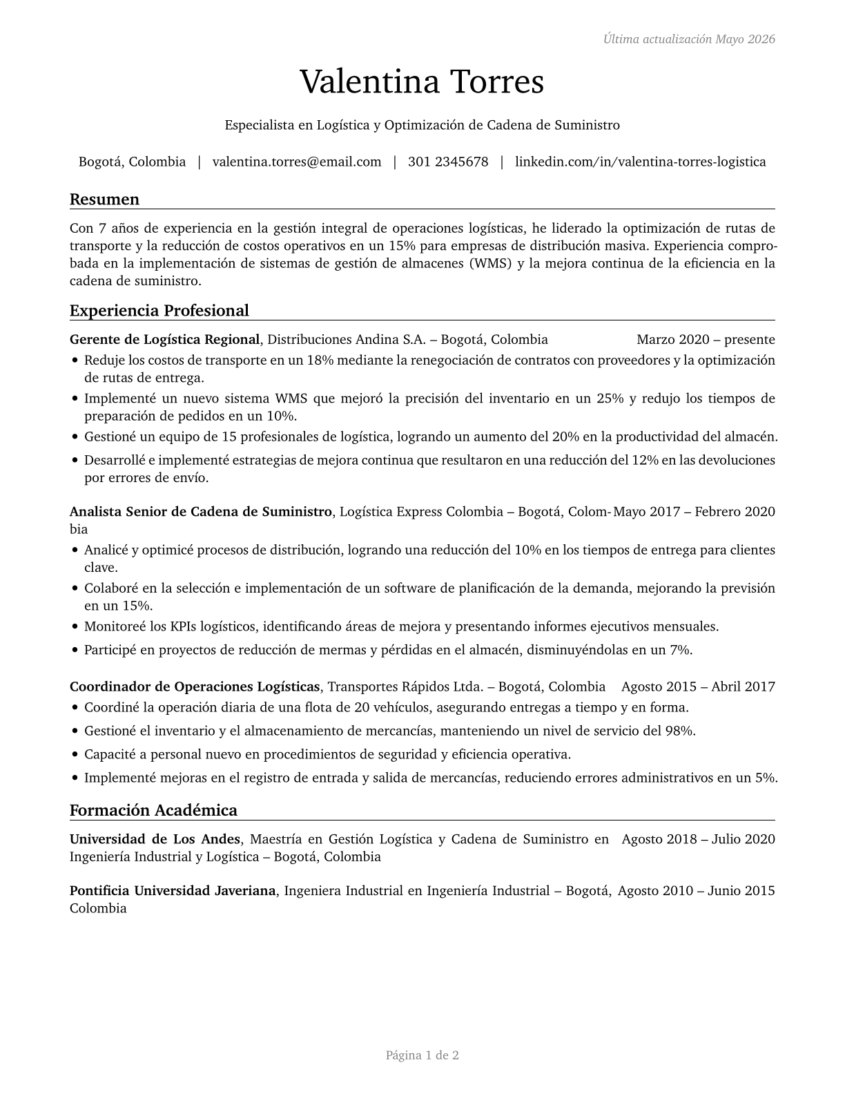 Logisticians CV in Spanish — page 1
