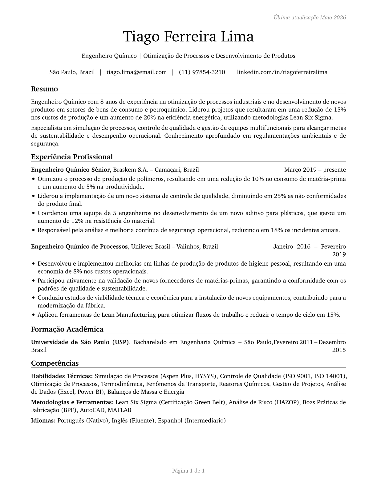 Chemical Engineers CV in Portuguese — page 1