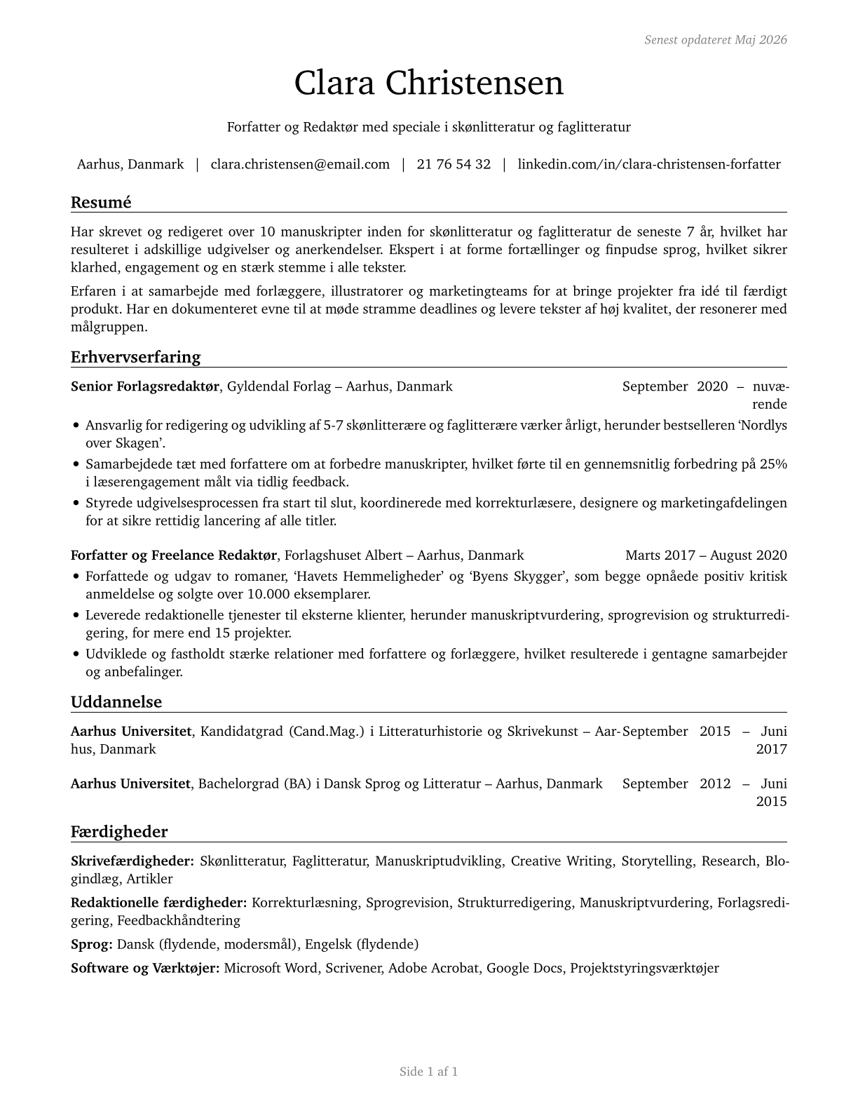 Writers and Authors CV in Danish — page 1