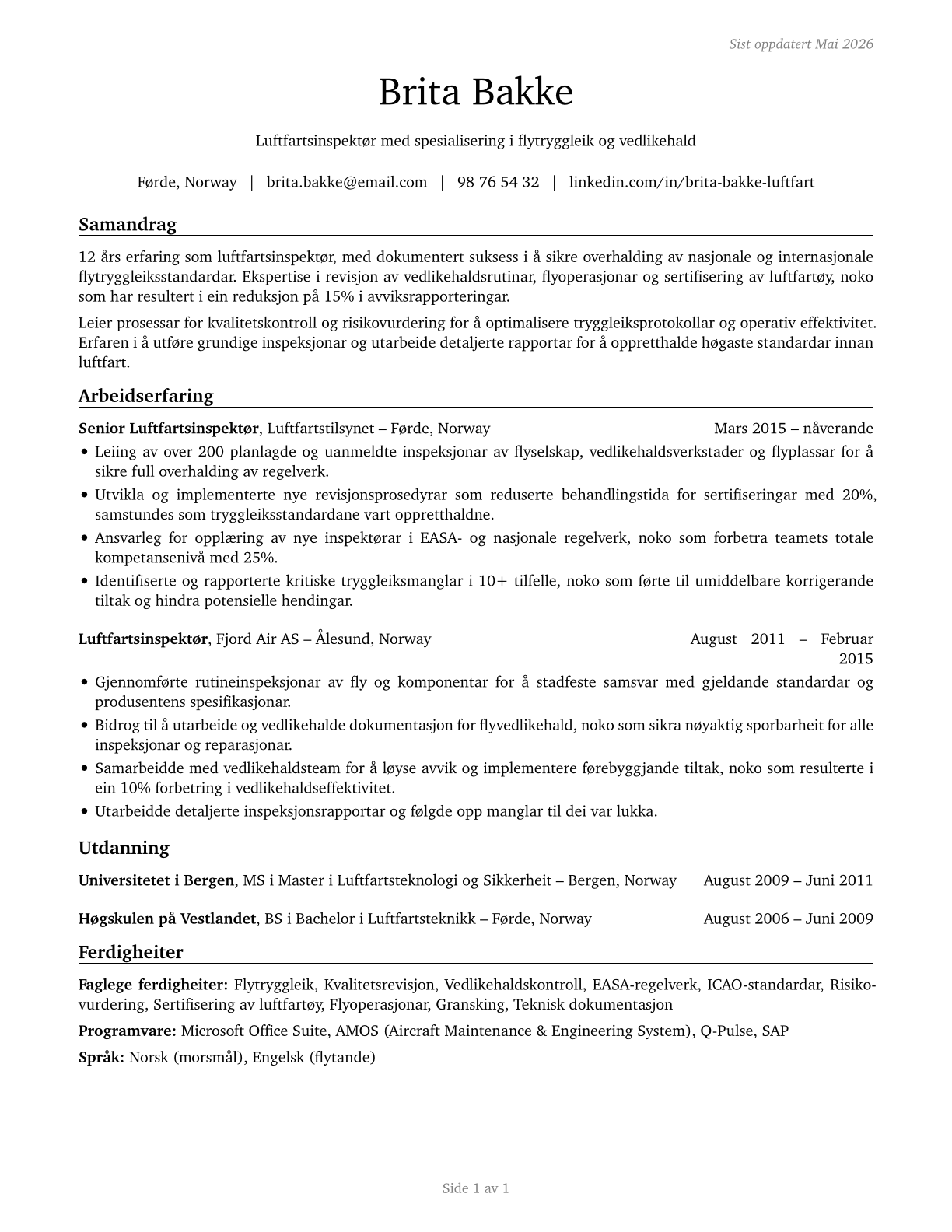 Aviation Inspectors CV in Norwegian_nynorsk — page 1