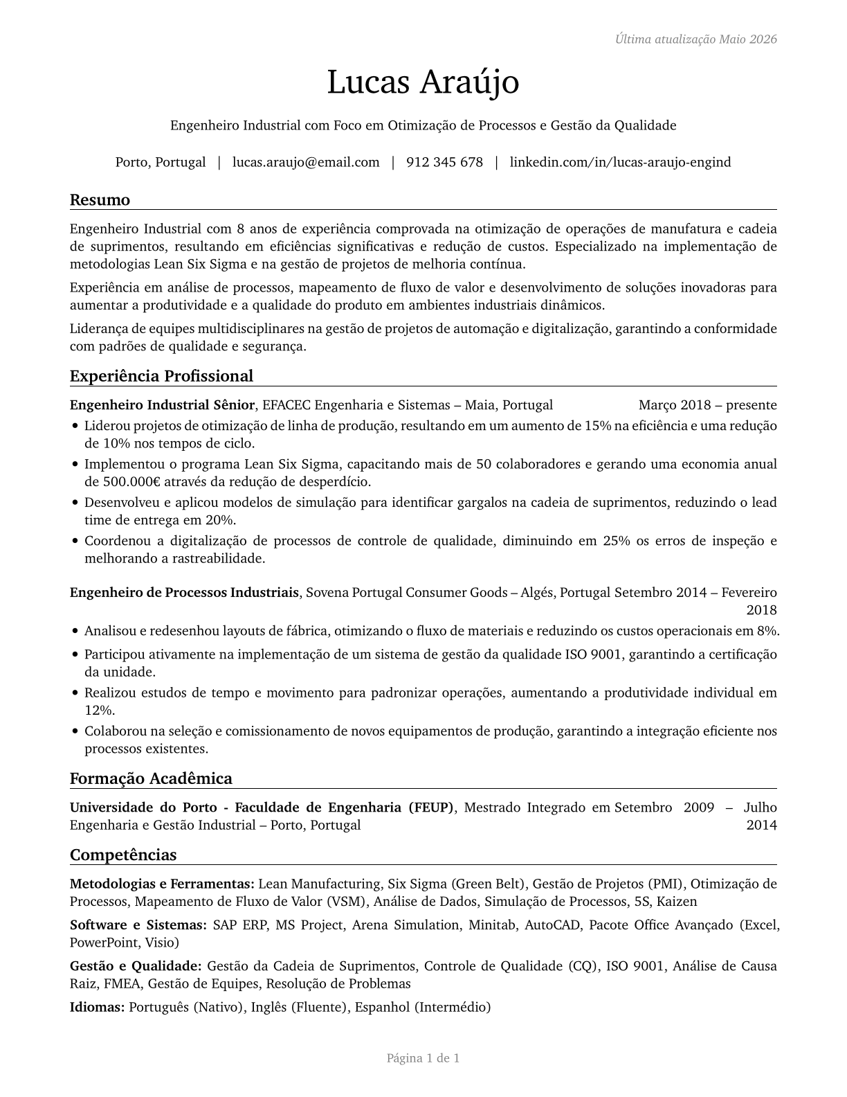 Industrial Engineers CV in Portuguese — page 1