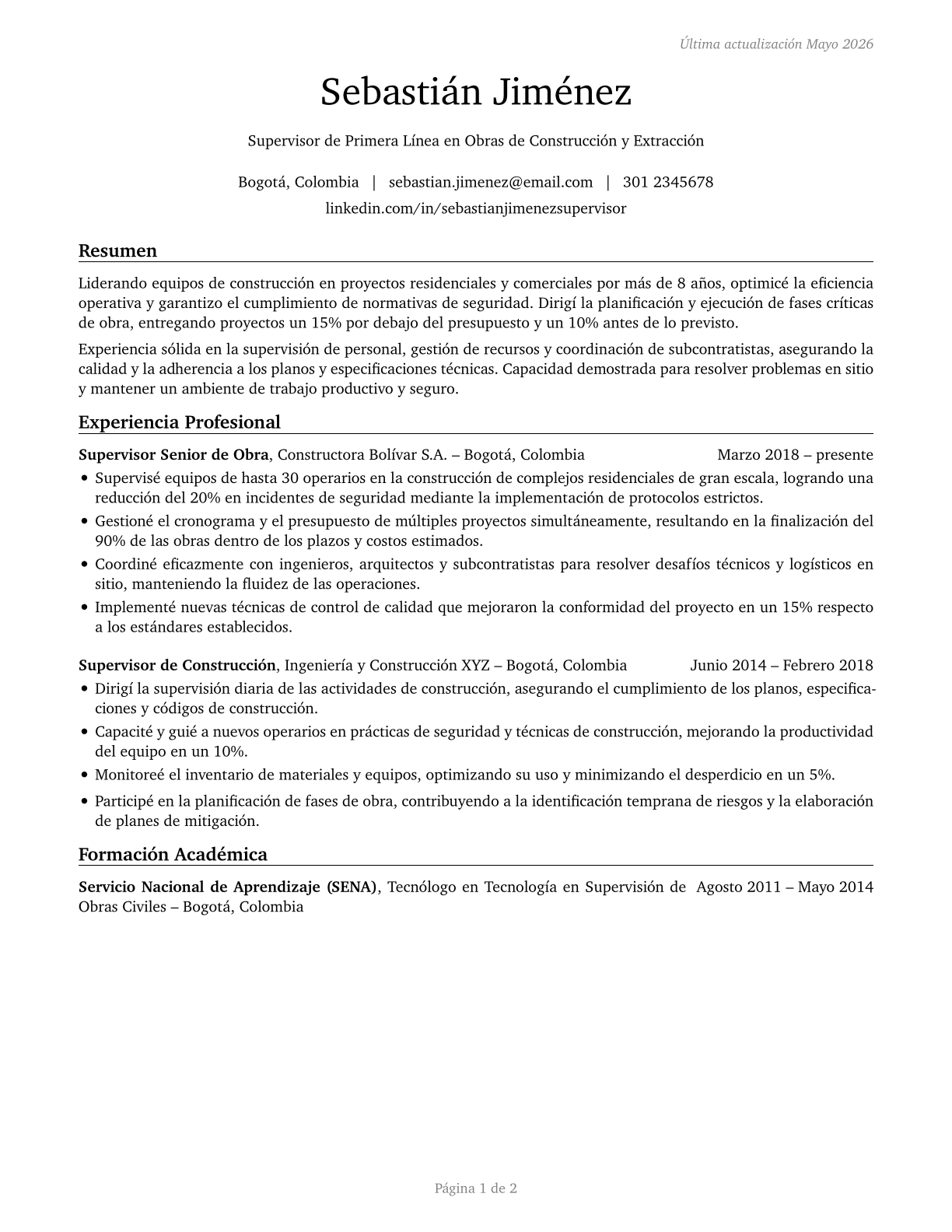 First-Line Supervisors of Construction Trades and Extraction Workers CV in Spanish — page 1