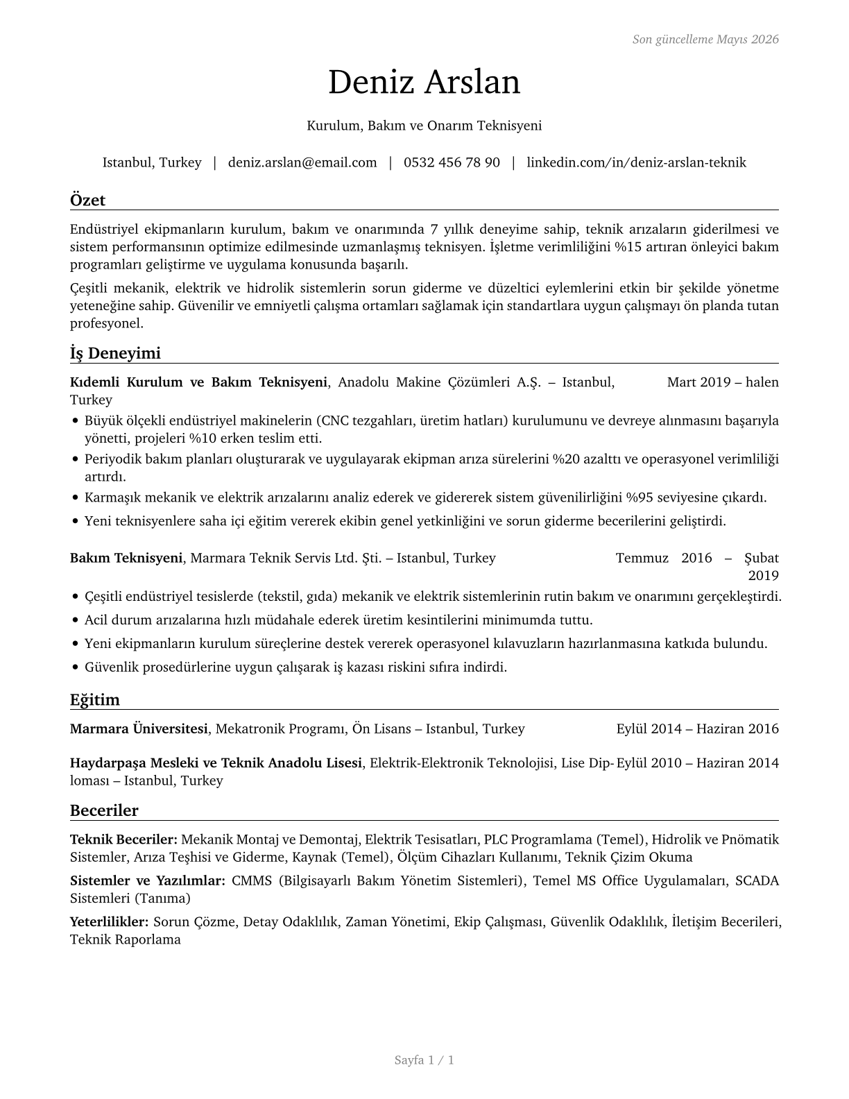 Installation, Maintenance, and Repair Workers, All Other CV in Turkish — page 1