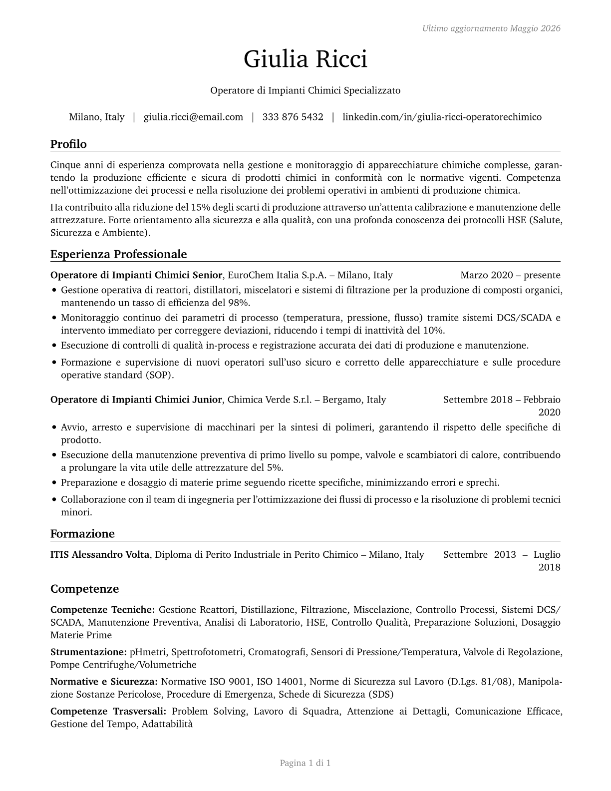 Chemical Equipment Operators and Tenders CV in Italian — page 1