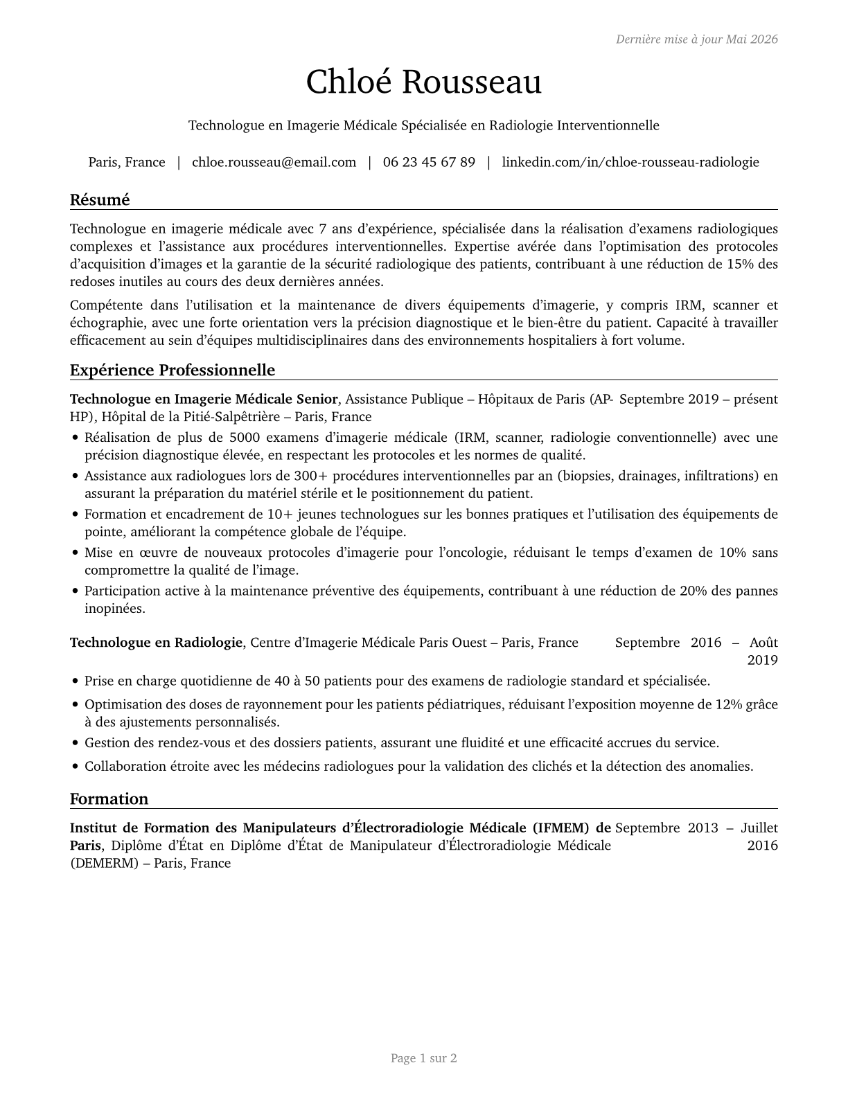Health Technologists and Technicians, All Other CV in French — page 1