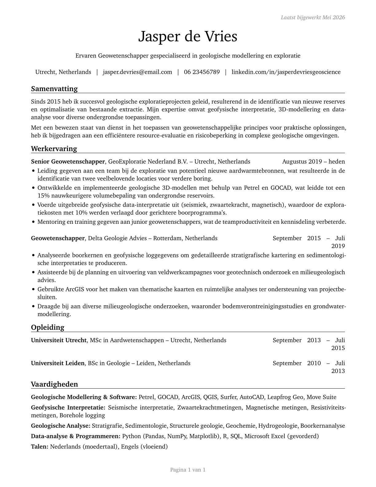 Geoscientists, Except Hydrologists and Geographers CV in Dutch — page 1