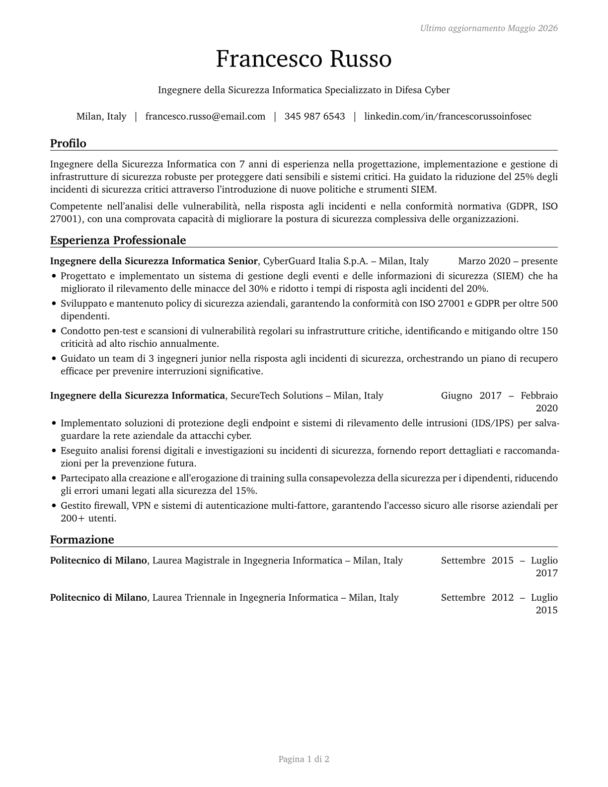 Information Security Engineers CV in Italian — page 1