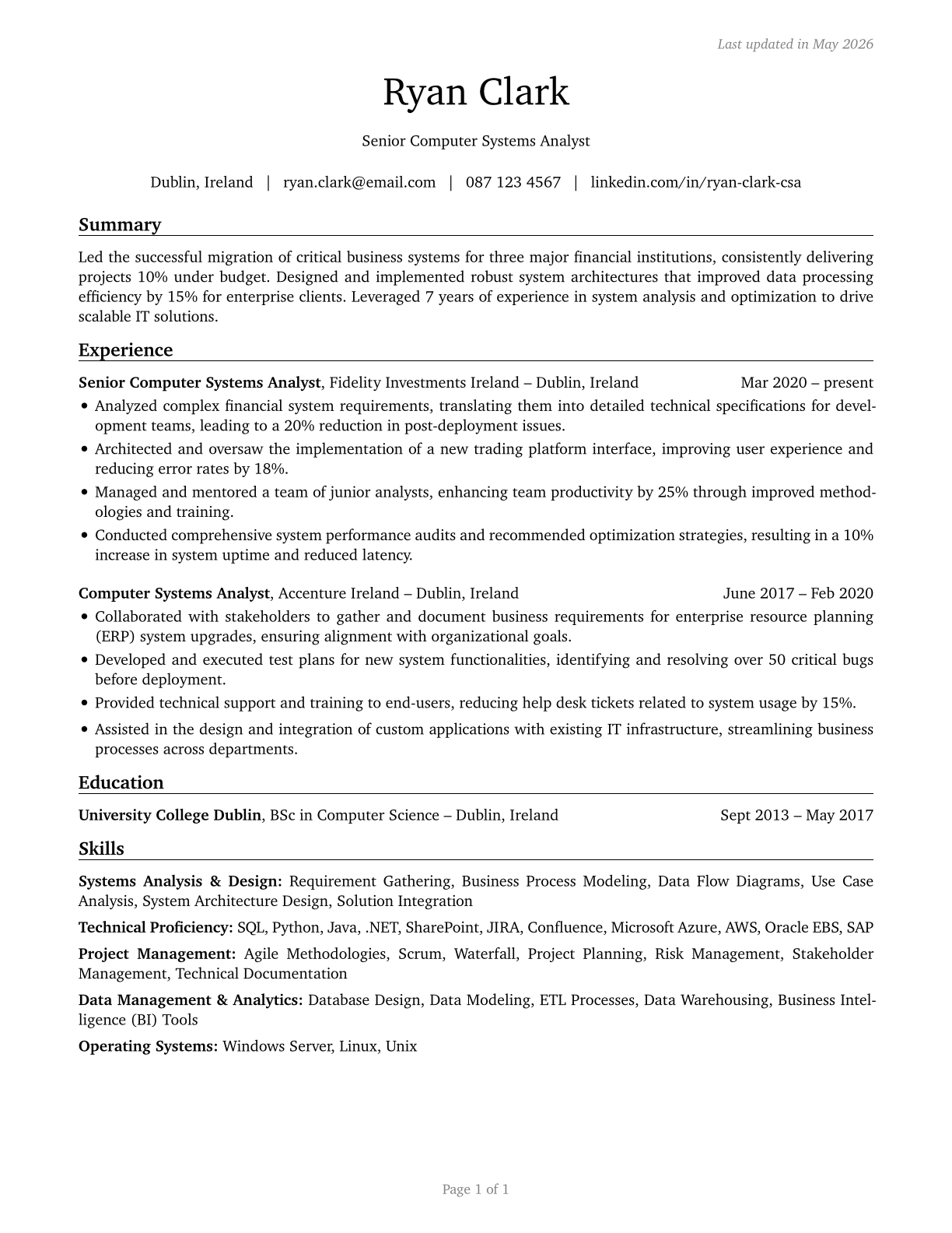 Computer Systems Analysts CV in English — page 1