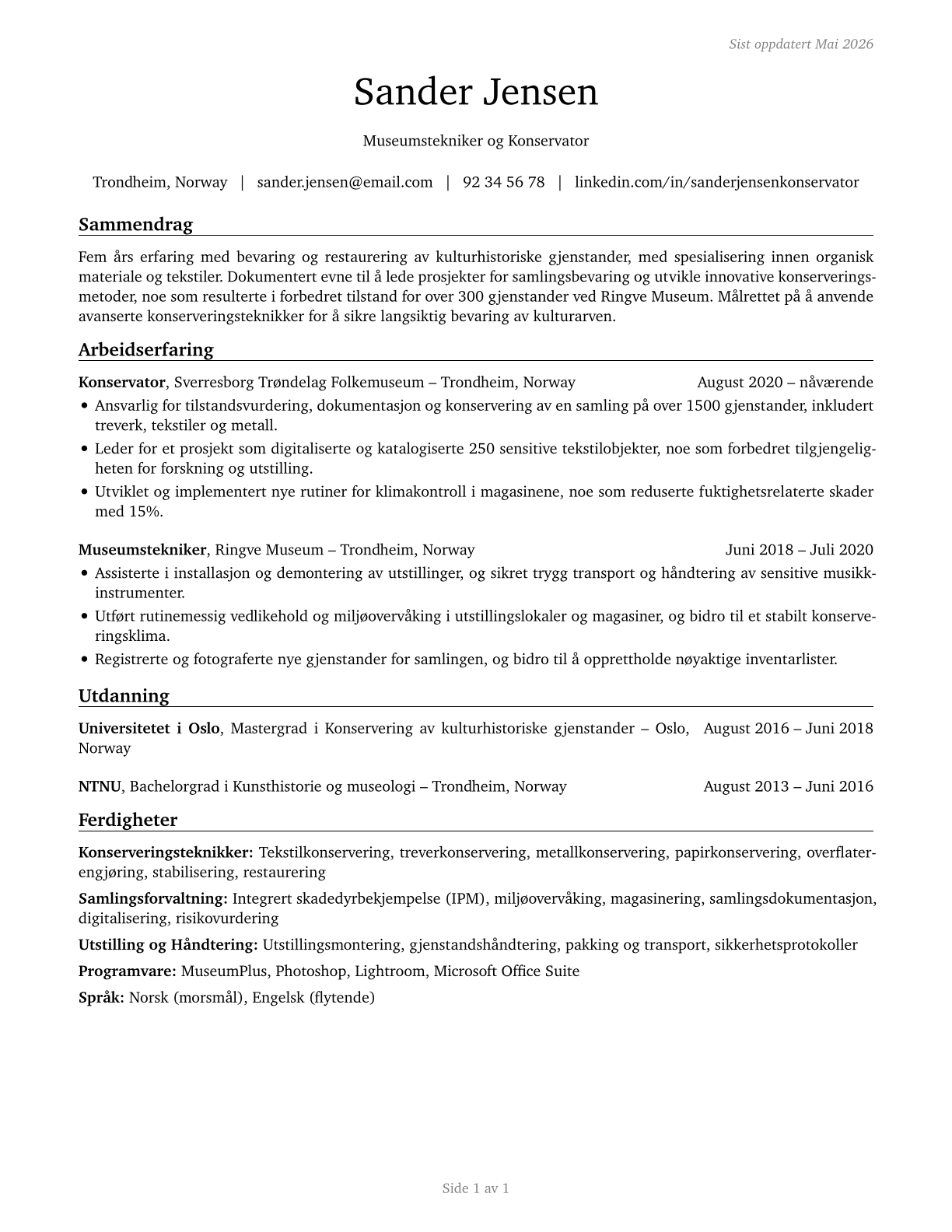 Museum Technicians and Conservators CV in Norwegian_bokmal — page 1