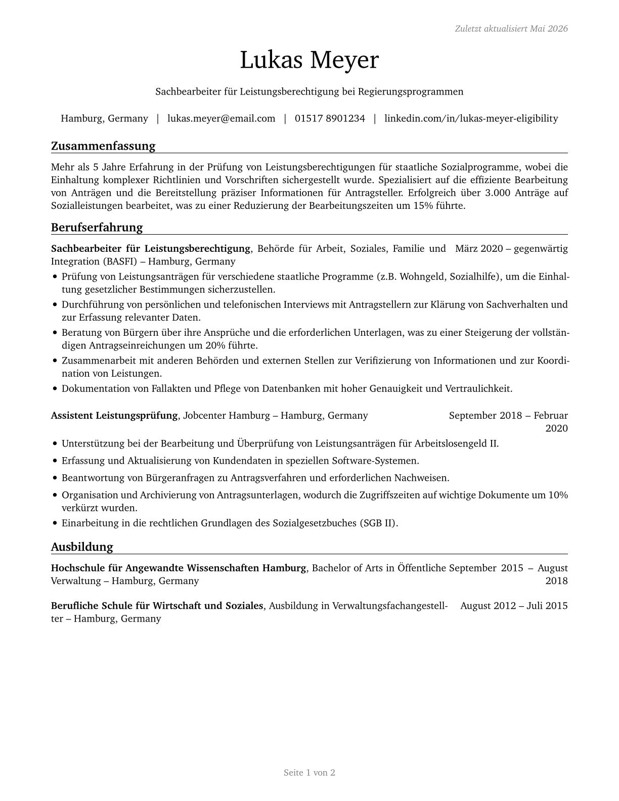Eligibility Interviewers, Government Programs CV in German — page 1