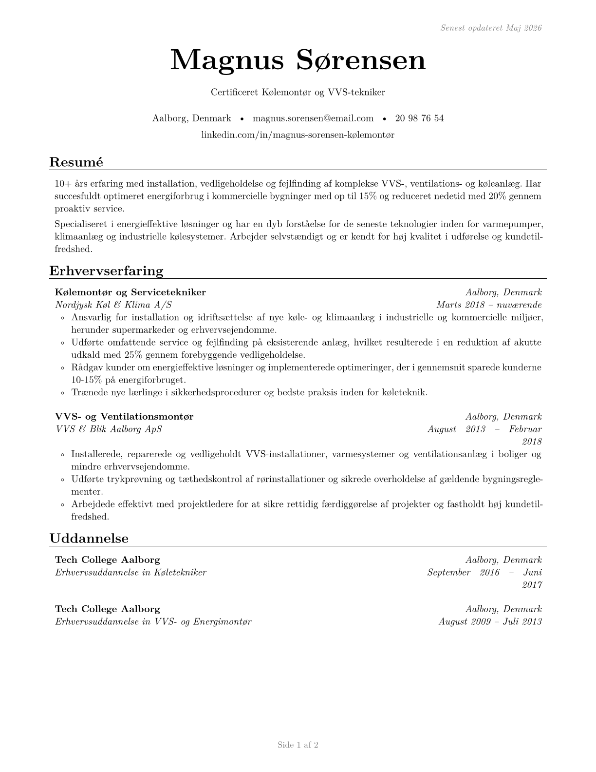 Heating, Air Conditioning, and Refrigeration Mechanics and Installers CV in Danish — page 1